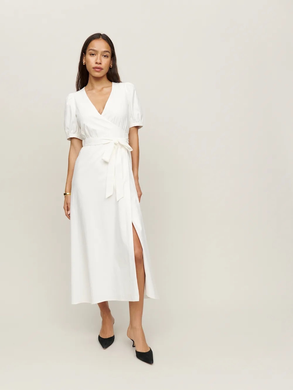 Reformation White Wrap Midi Dress with Tie Waist